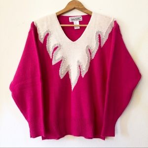 Vintage hot pink sweater with white pearl beading